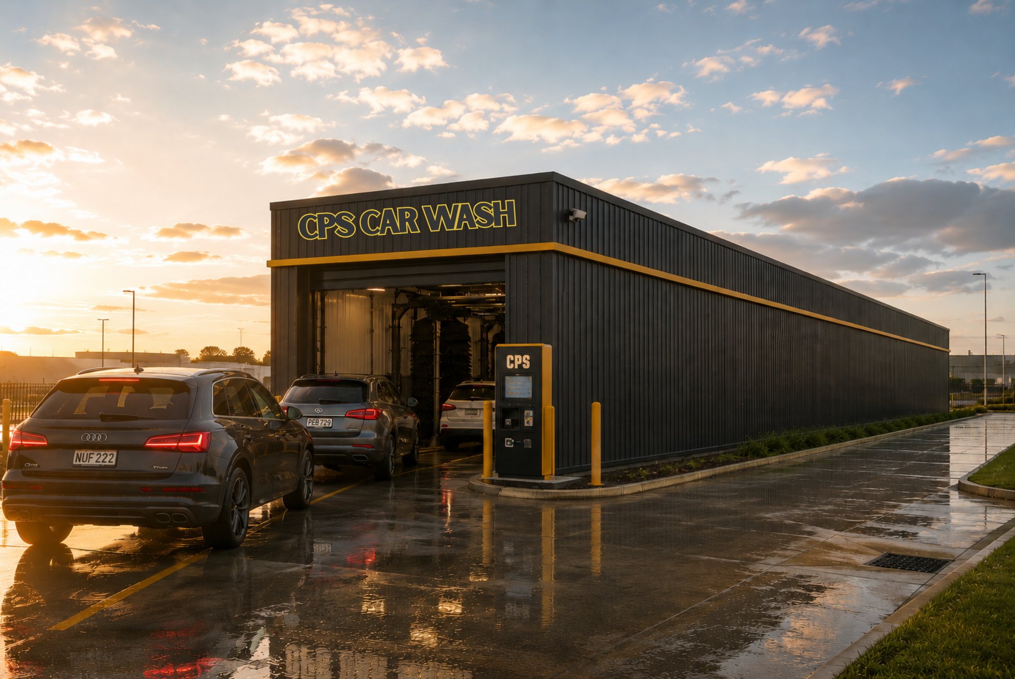 Sleek express tunnel car wash entrance, modern and well-lit